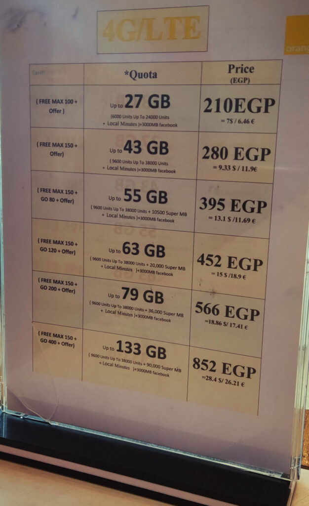 Tarifs carte sim locale